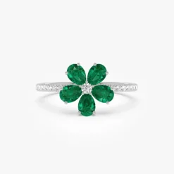 14K Five-Leaf Emerald and Diamond Ring