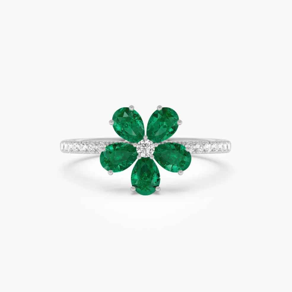 14K Five-Leaf Emerald and Diamond Ring