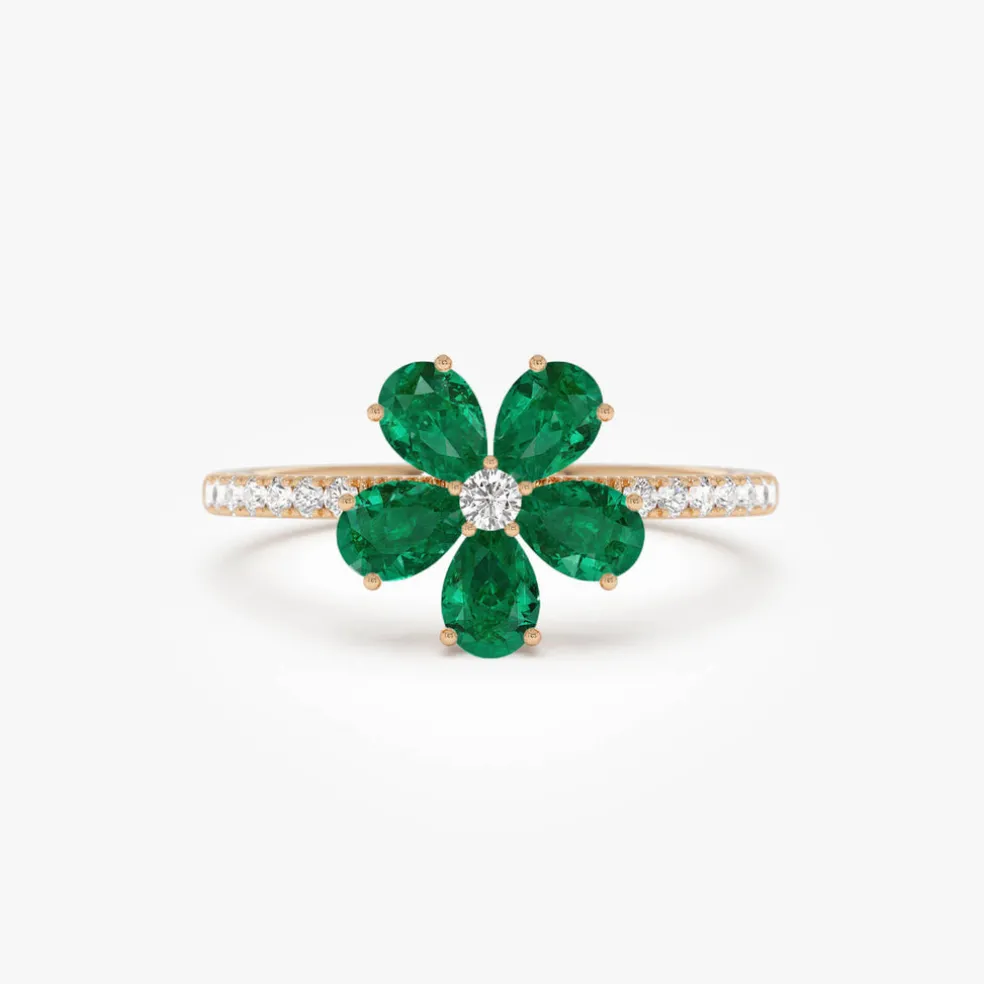 14K Five-Leaf Emerald and Diamond Ring