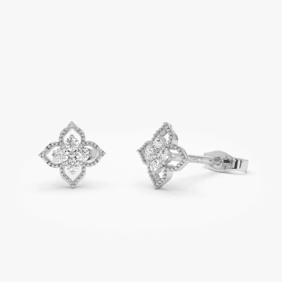 14K Floral Design Diamond Cluster Stud Earrings
