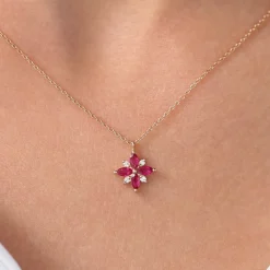 14K Floral Design Marquise Ruby and Diamond Pendant