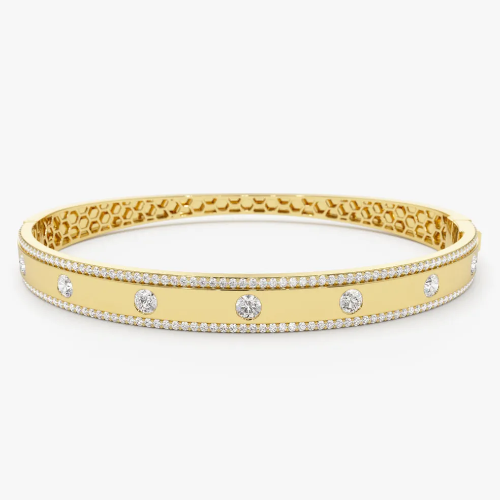 14K Flush Set Diamond Bangle with Pave Edges