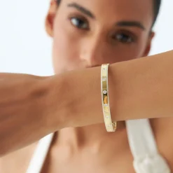 14K Flush Set Diamond Bangle with Pave Edges