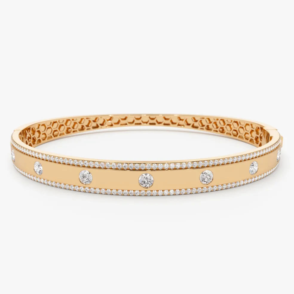 14K Flush Set Diamond Bangle with Pave Edges