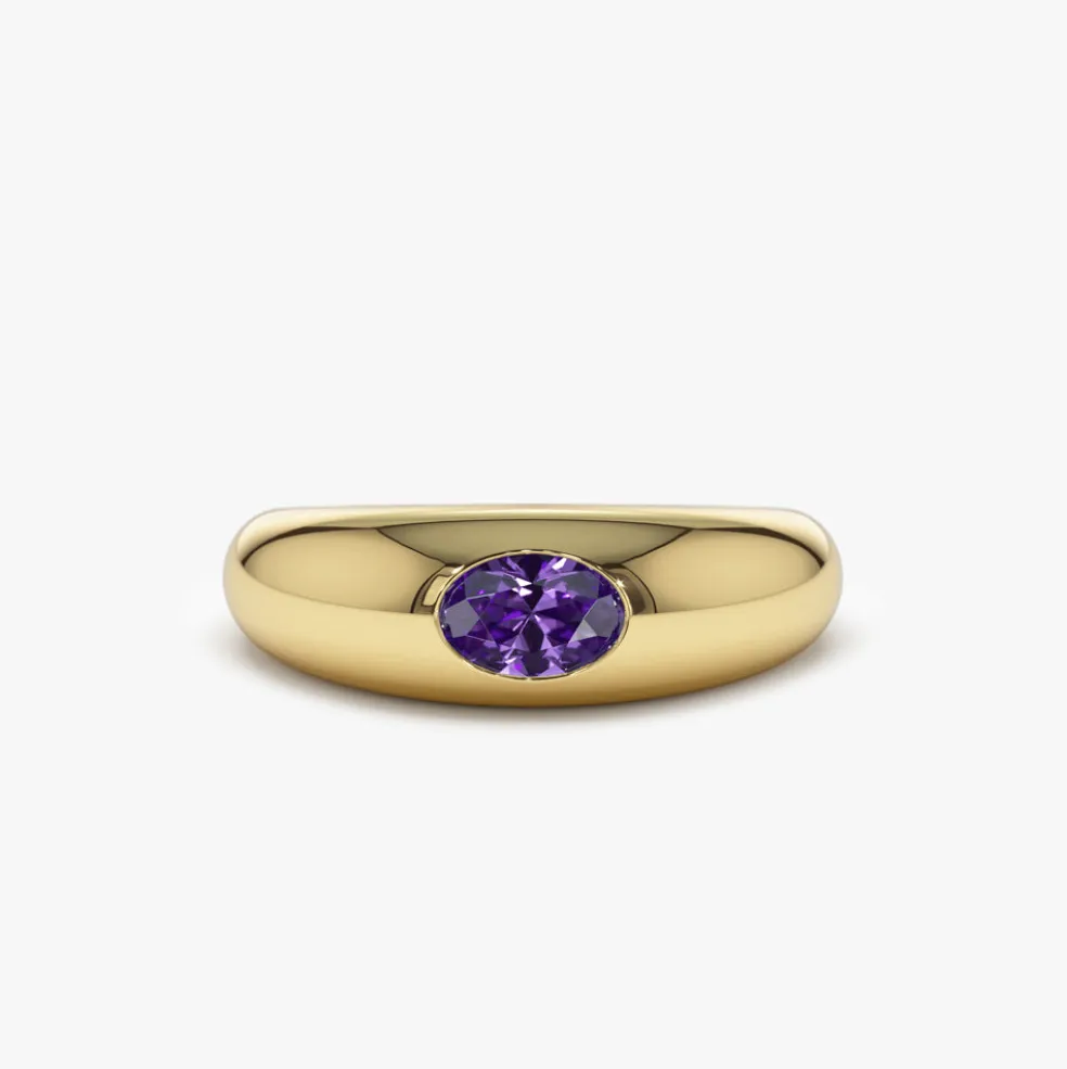 14k Flush Set Oval Amethyst Dome Ring