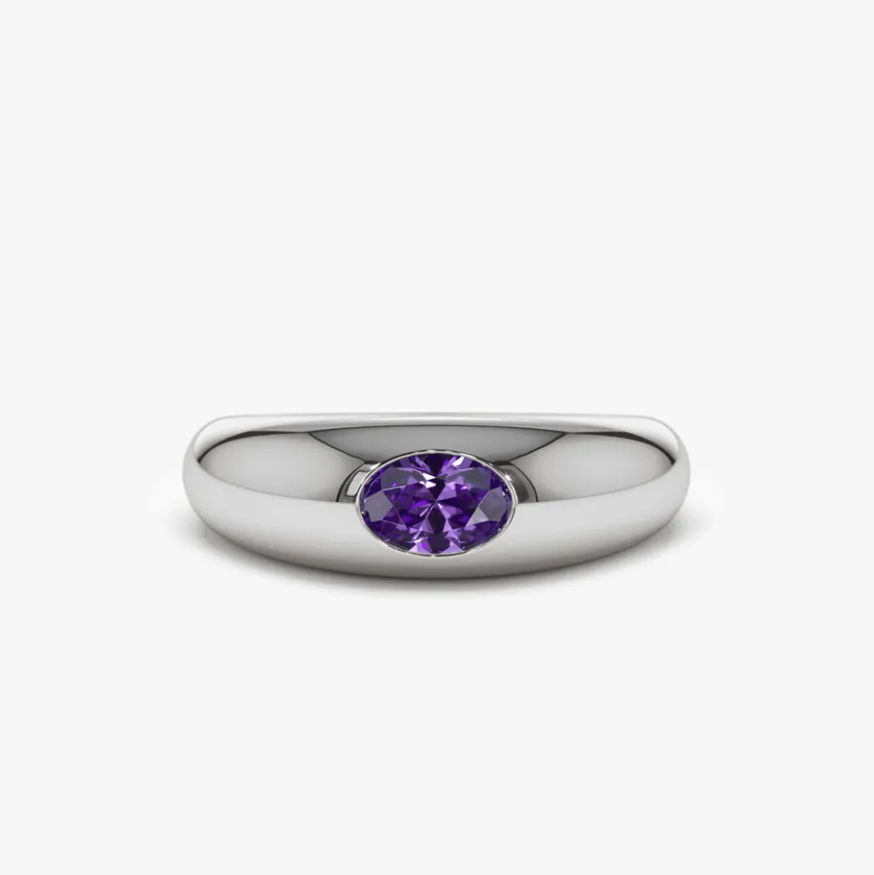 14k Flush Set Oval Amethyst Dome Ring