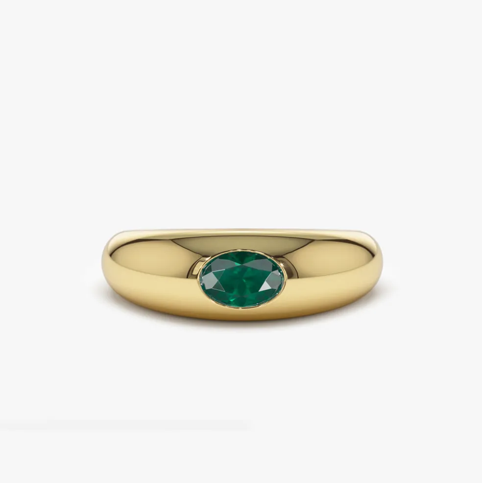 14k Flush Set Oval Emerald Dome Ring