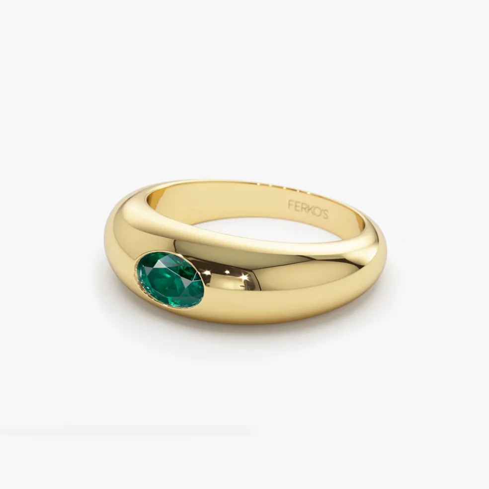 14k Flush Set Oval Emerald Dome Ring