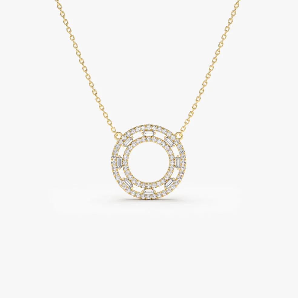 14k Full Circle Baguette & Round Diamond Necklace