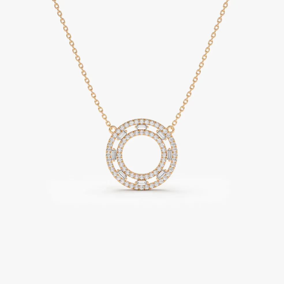 14k Full Circle Baguette & Round Diamond Necklace