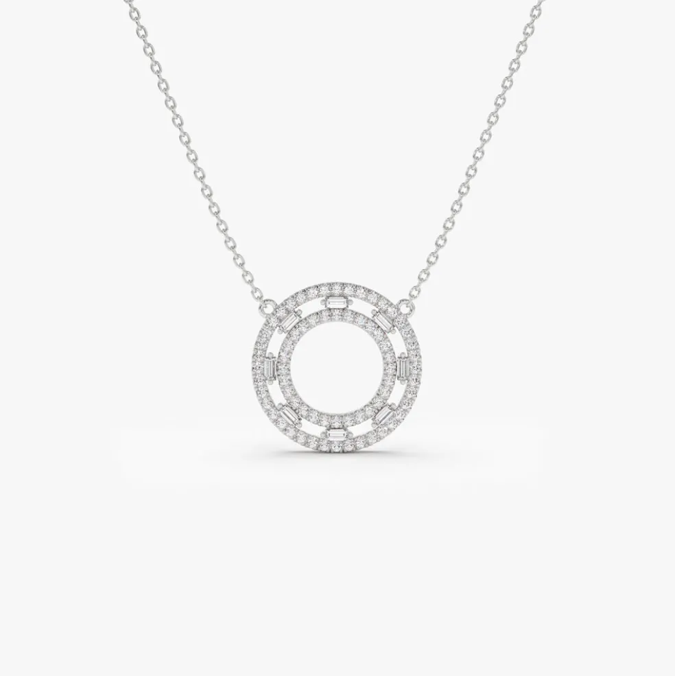 14k Full Circle Baguette & Round Diamond Necklace