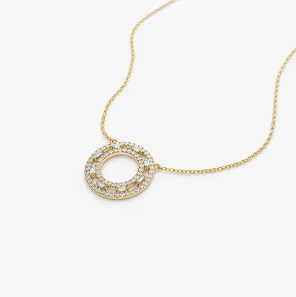 14k Full Circle Baguette & Round Diamond Necklace