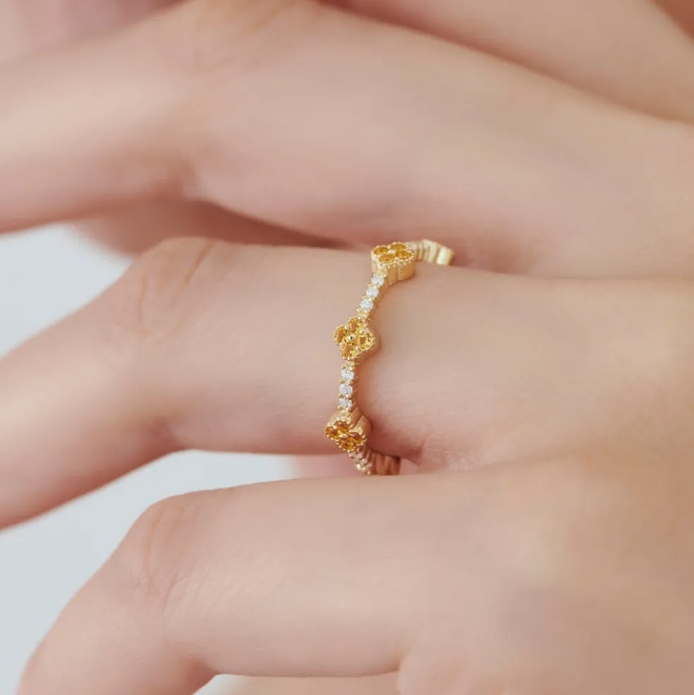 14k Full Eternity Clover Citrine and Diamond Ring