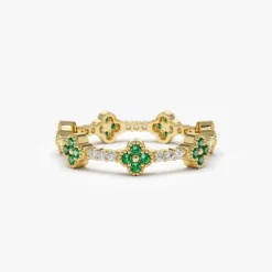 14k Full Eternity Clover Emerald and Diamond Ring