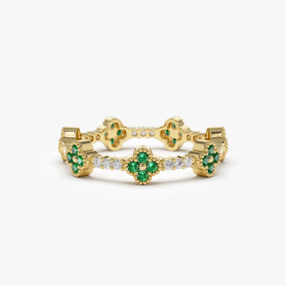 14k Full Eternity Clover Emerald and Diamond Ring