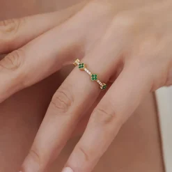 14k Full Eternity Clover Emerald and Diamond Ring