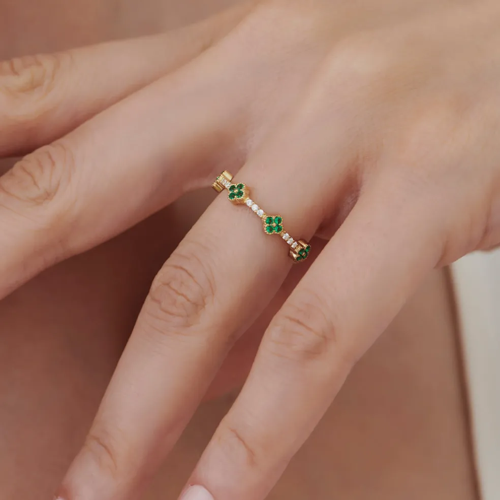 14k Full Eternity Clover Emerald and Diamond Ring