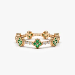 14k Full Eternity Clover Emerald and Diamond Ring