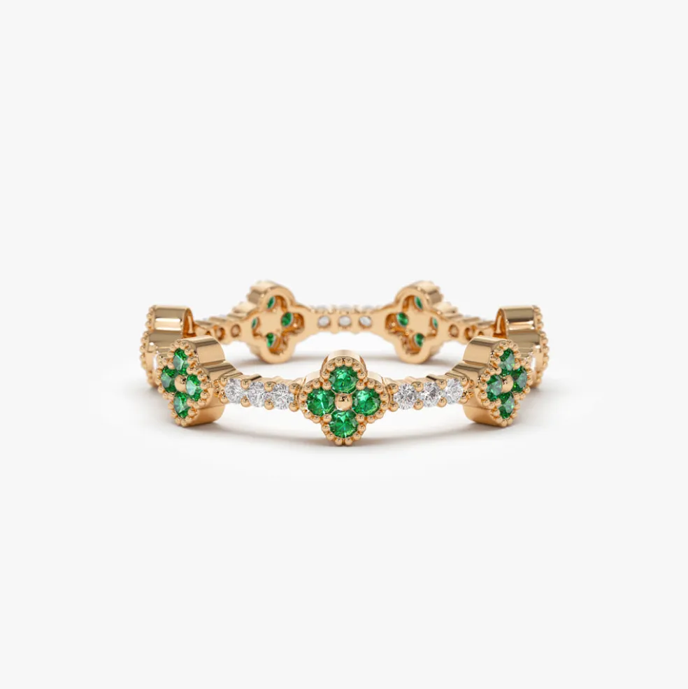 14k Full Eternity Clover Emerald and Diamond Ring
