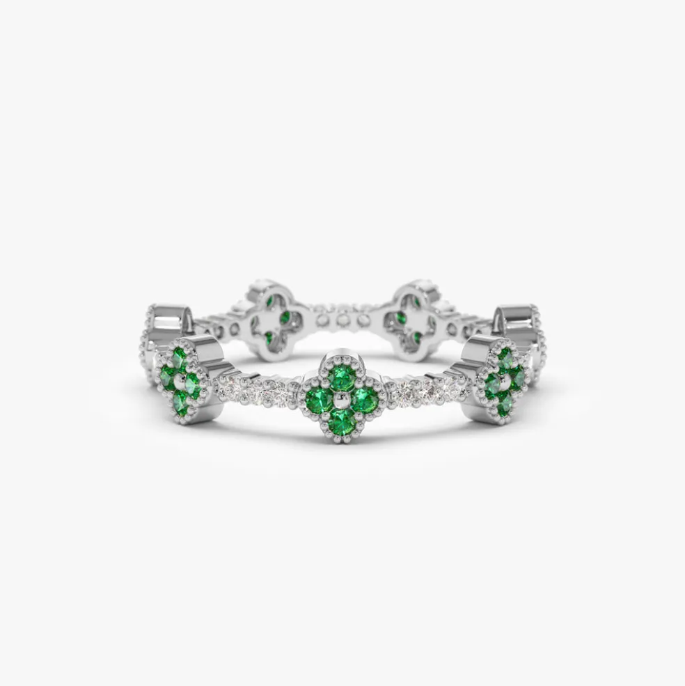 14k Full Eternity Clover Emerald and Diamond Ring