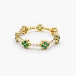 14k Full Eternity Clover Emerald and Diamond Ring