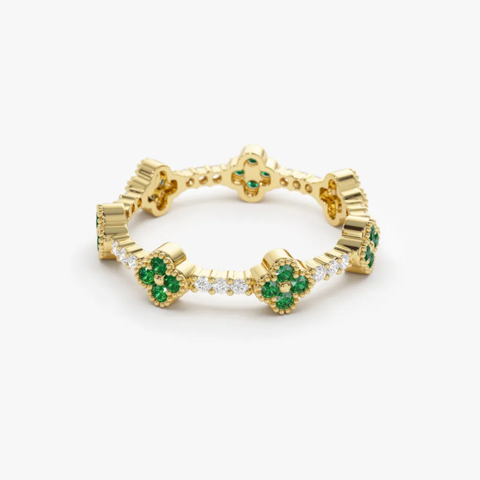 14k Full Eternity Clover Emerald and Diamond Ring