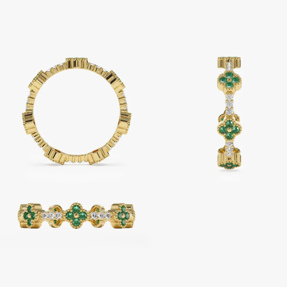 14k Full Eternity Clover Emerald and Diamond Ring