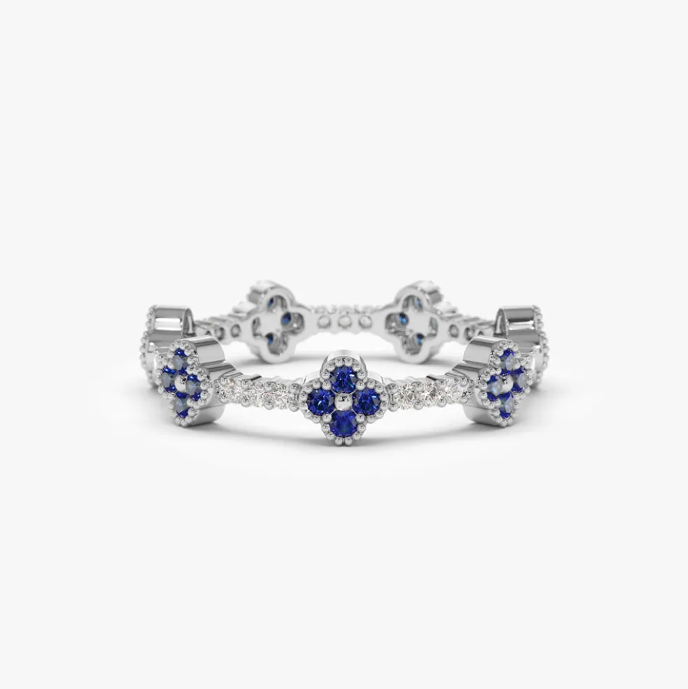 14k Full Eternity Clover Sapphire and Diamond Ring