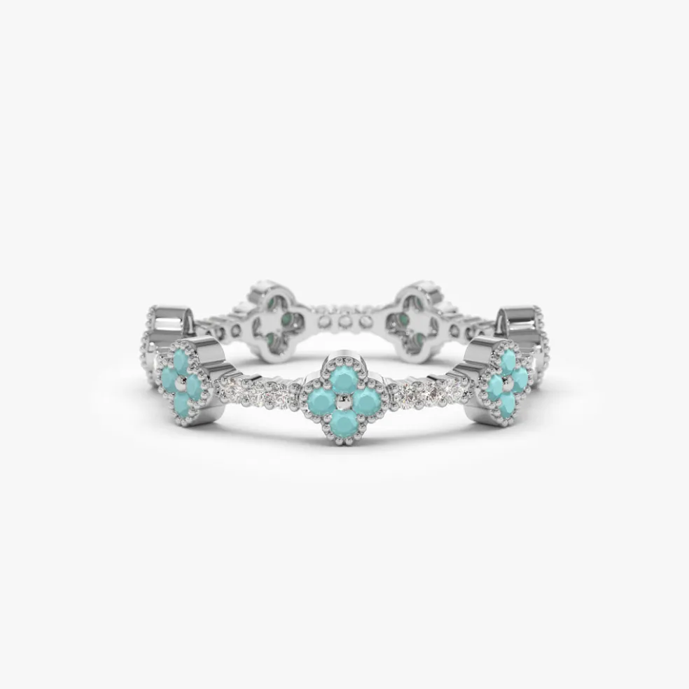 14k Full Eternity Clover Turquoise and Diamond Ring