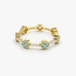 14k Full Eternity Clover Turquoise and Diamond Ring