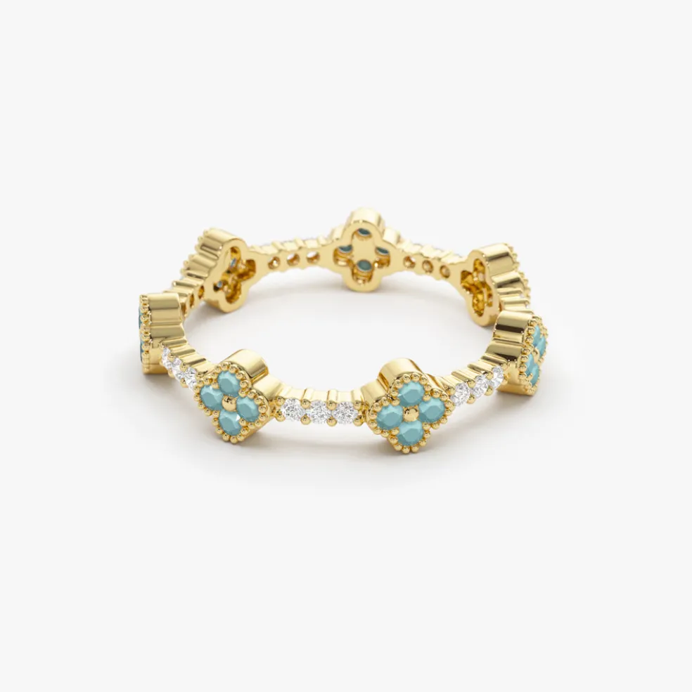 14k Full Eternity Clover Turquoise and Diamond Ring