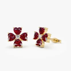 14k Garnet Four Leaf Clover Studs
