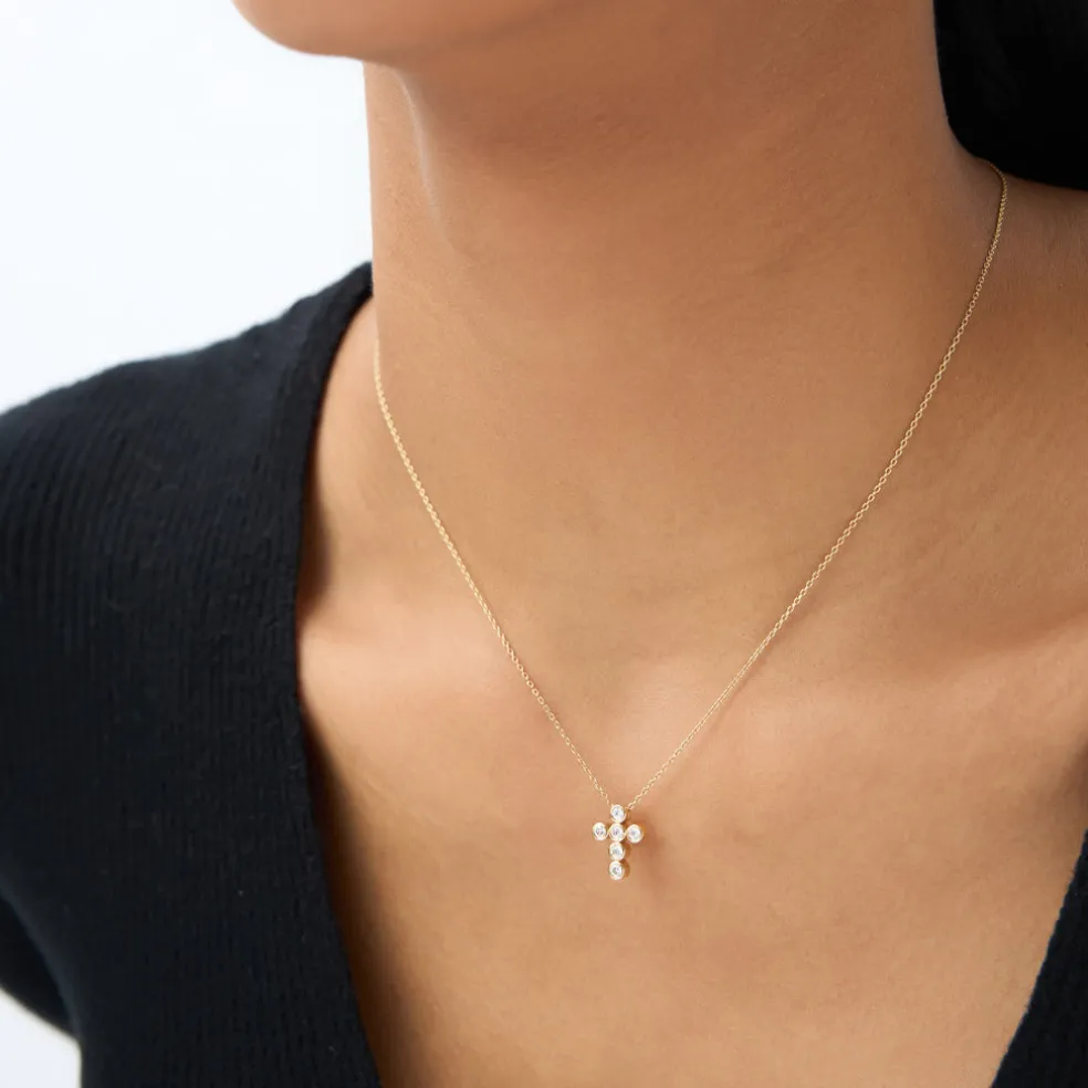14K Gold 6 Stone Bezel Setting Diamond Cross Necklace