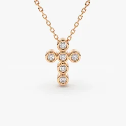 14K Gold 6 Stone Bezel Setting Diamond Cross Necklace