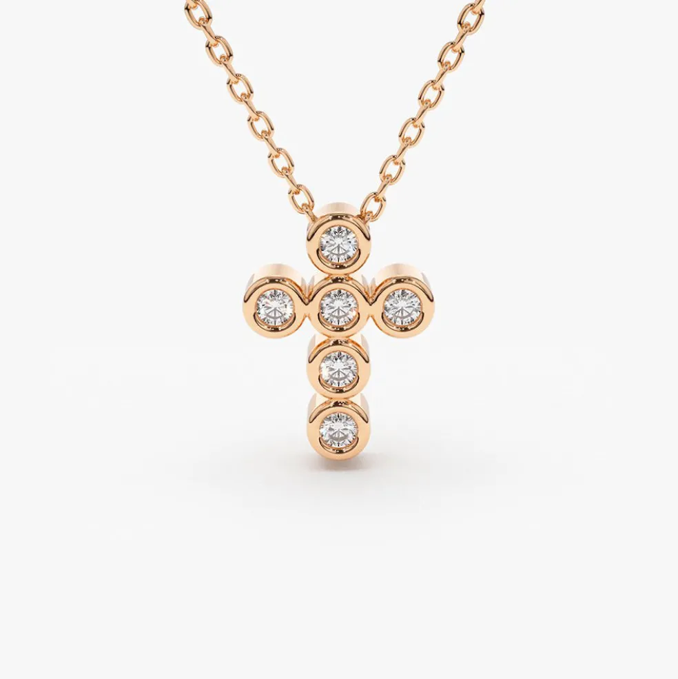 14K Gold 6 Stone Bezel Setting Diamond Cross Necklace