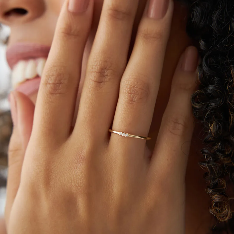 14K Gold 3 Stone Minimalist Diamond Ring