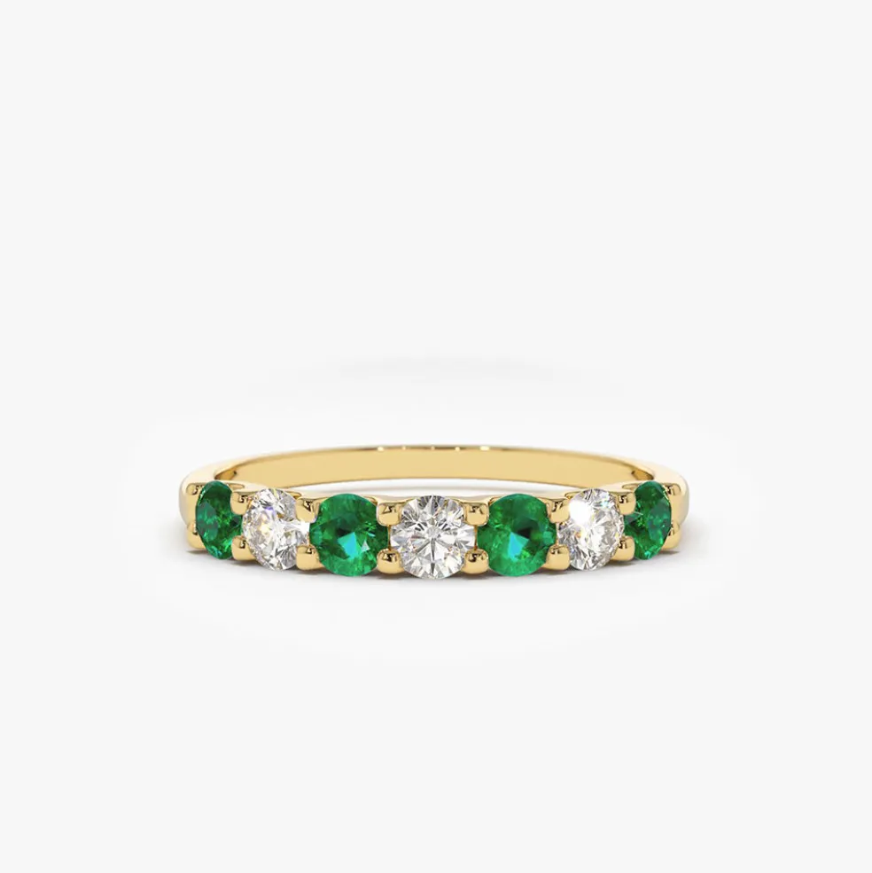 14K Gold Alternating Emerald and Diamond Wedding Band