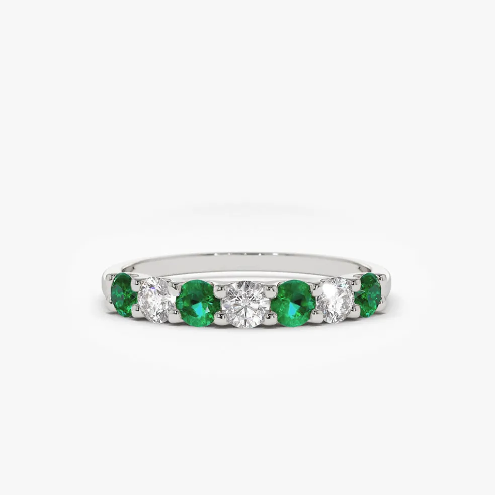 14K Gold Alternating Emerald and Diamond Wedding Band