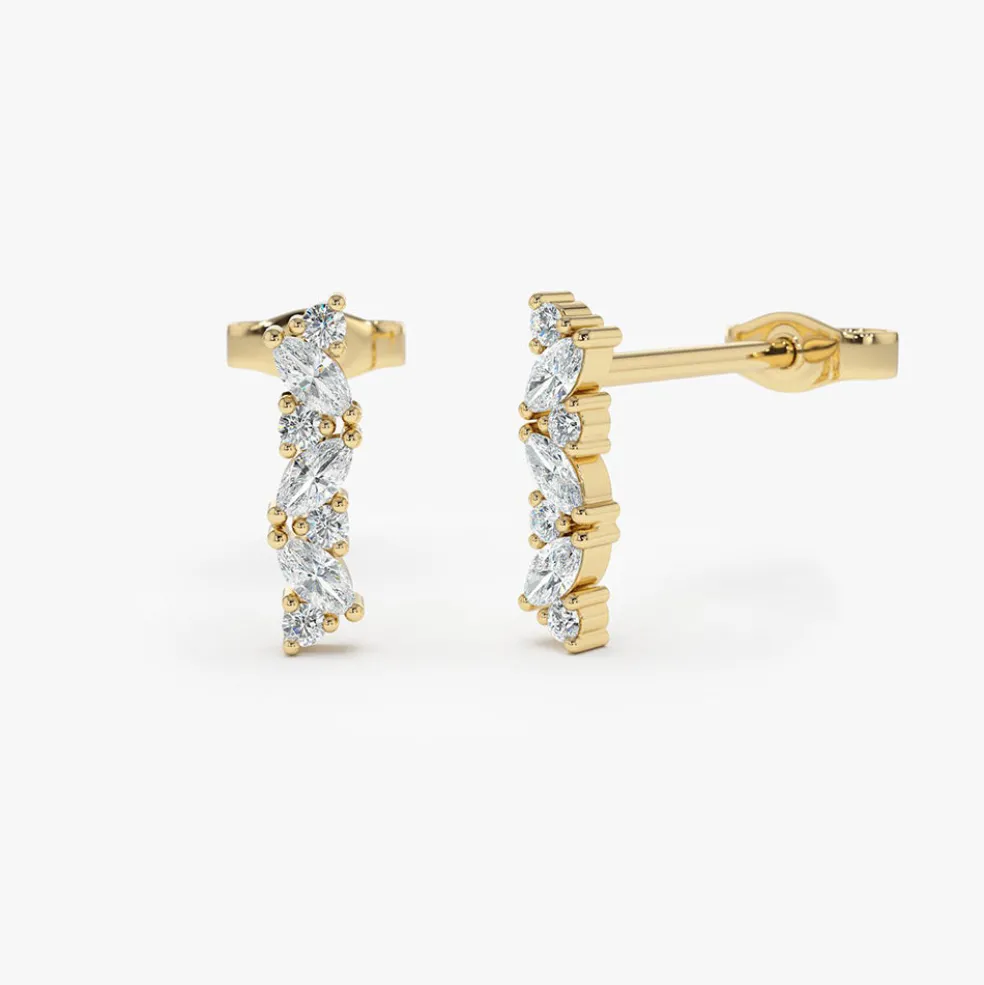 14K Gold Alternating Marquise and Round Diamond Studs