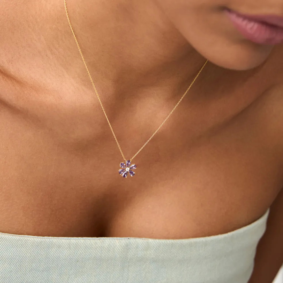 14K Gold Amethyst Flower Necklace