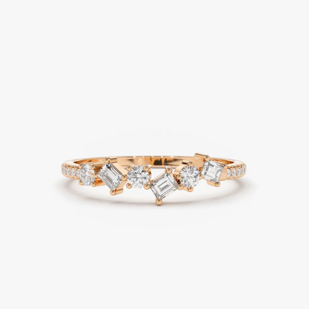14K Gold Asymmetrical Baguette and Round Diamond Wedding Ring
