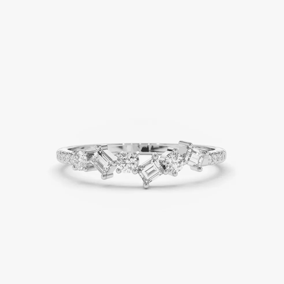 14K Gold Asymmetrical Baguette and Round Diamond Wedding Ring