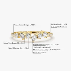 14K Gold Asymmetrical Baguette and Round Diamond Wedding Ring