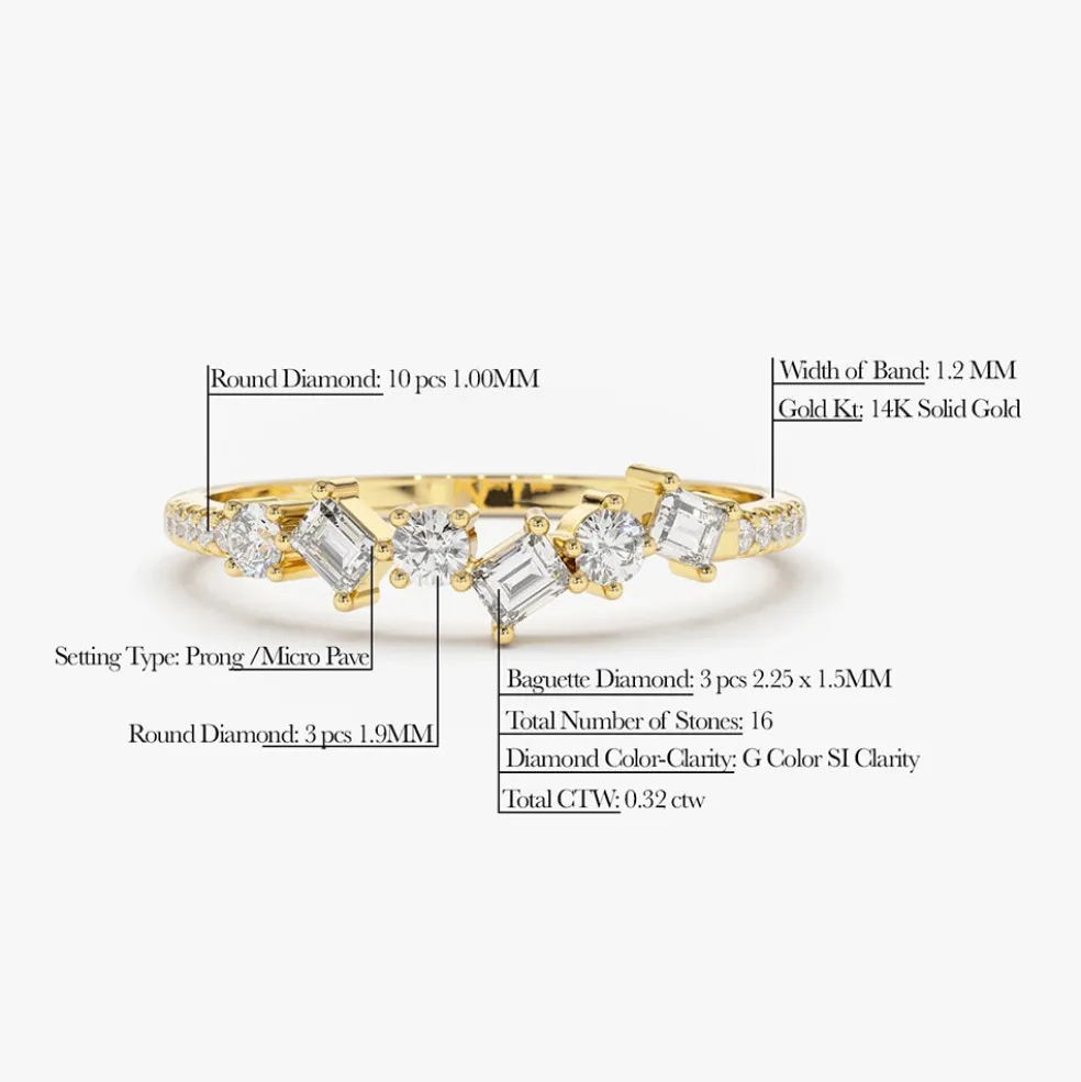 14K Gold Asymmetrical Baguette and Round Diamond Wedding Ring