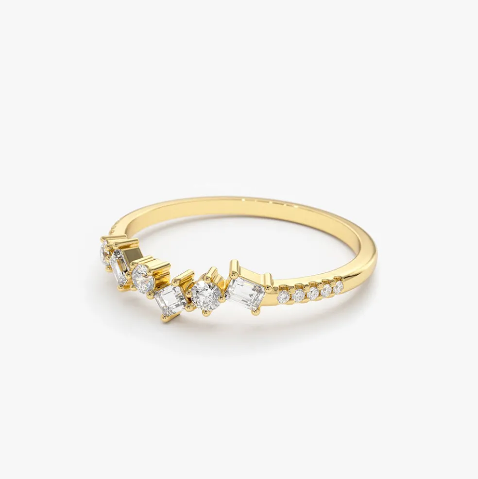 14K Gold Asymmetrical Baguette and Round Diamond Wedding Ring