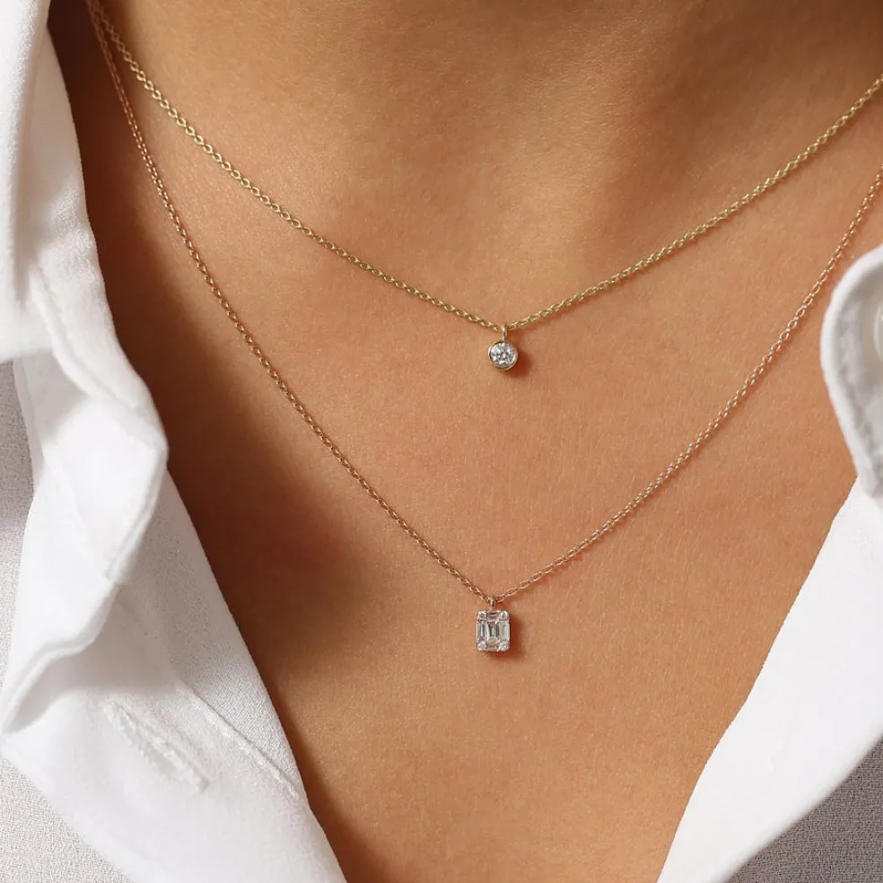 14K Gold Baguette & Round Diamond Charm Pendant