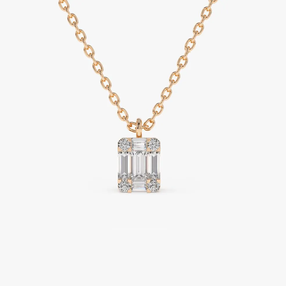 14K Gold Baguette & Round Diamond Charm Pendant