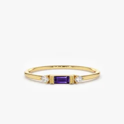 14K Gold Baguette Amethyst With Diamond Ring