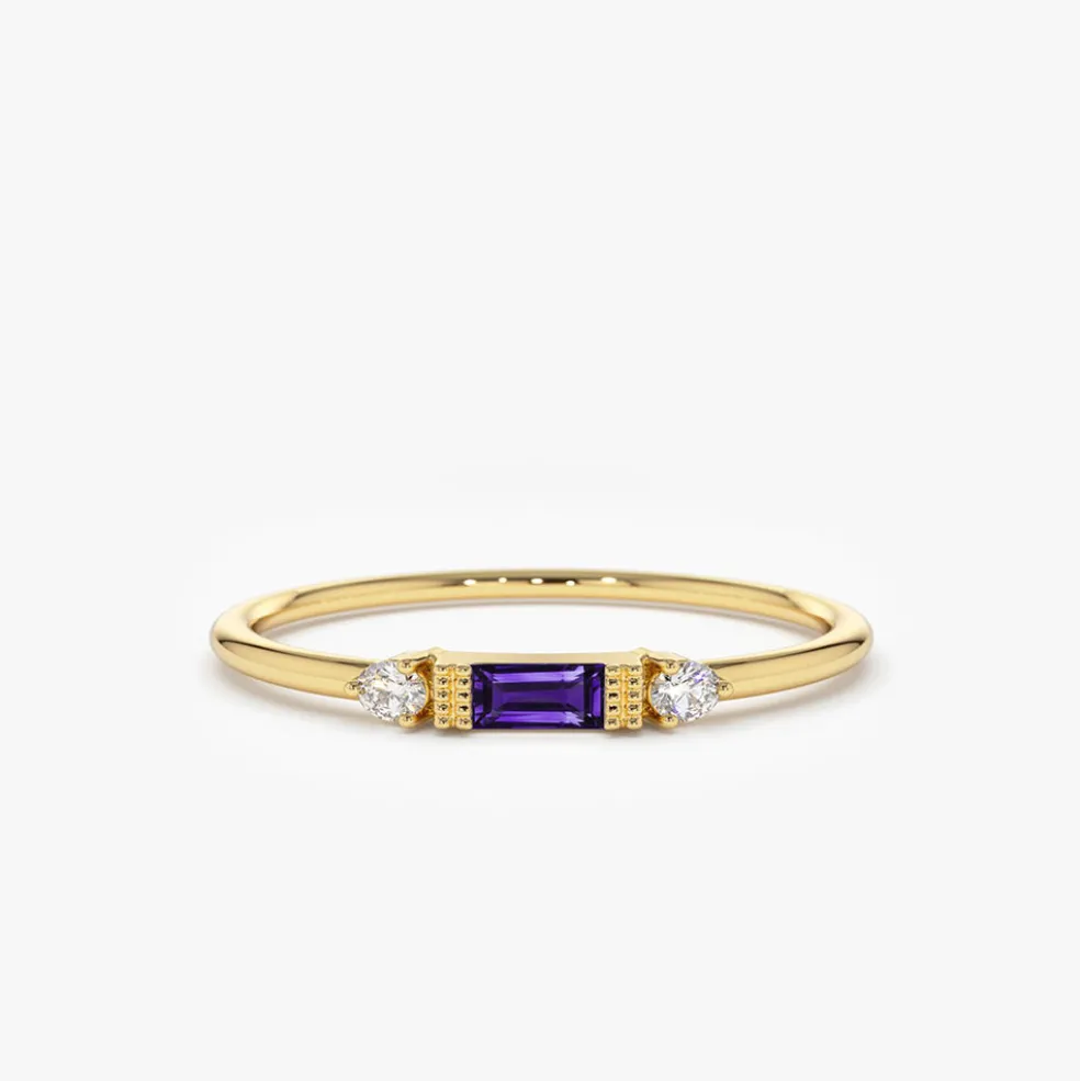 14K Gold Baguette Amethyst With Diamond Ring