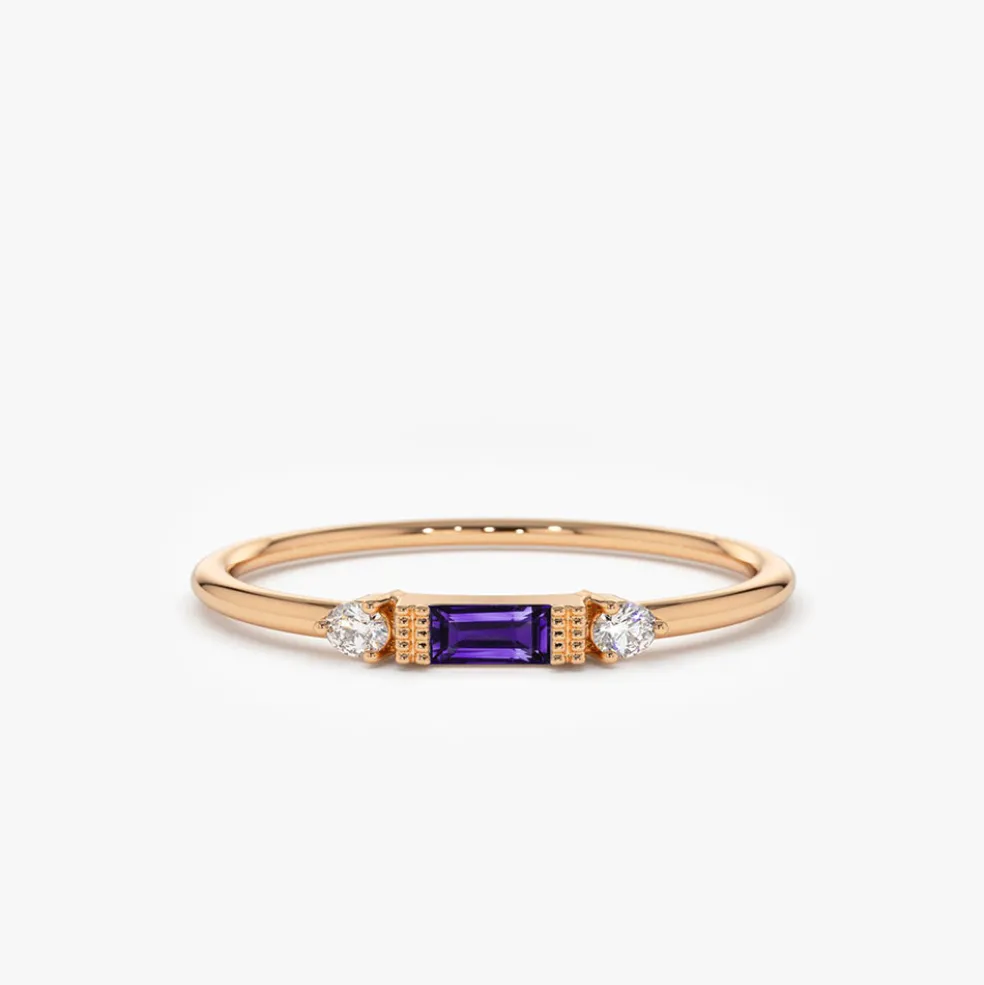 14K Gold Baguette Amethyst With Diamond Ring